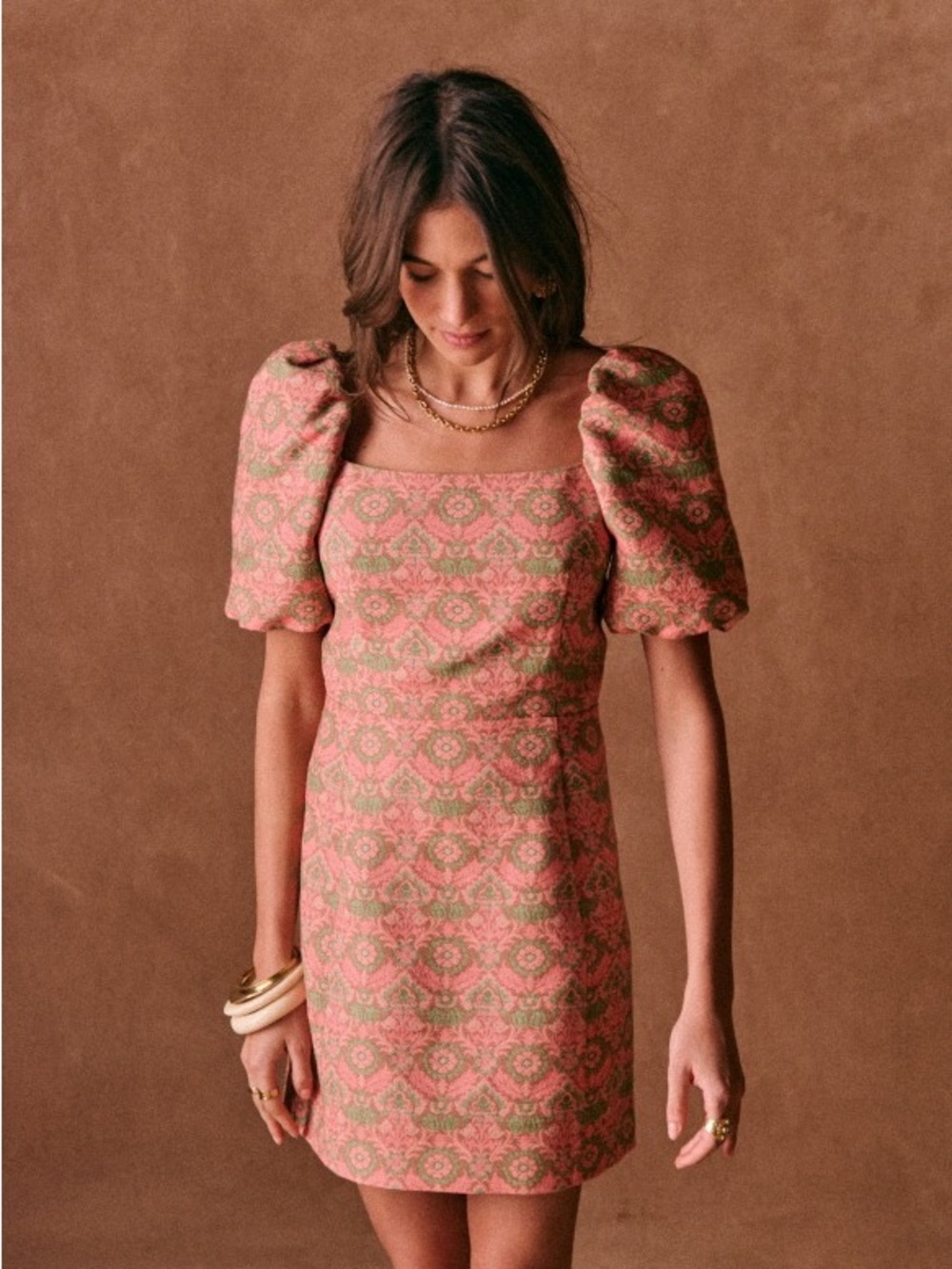 Sezane Allya Spring Jacquard Pink Green Women's Mini Dress Size 34 US Size 2 EUC